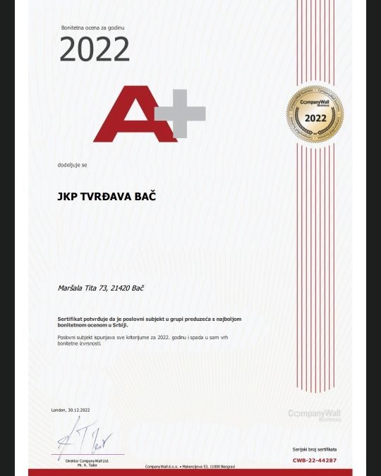ЈКП „Тврђава“ Бач носилац Сертификата бонитетне изврсности А+